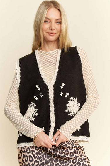 FLORAL EMBROIDERED LACE SWEATER KNIT VEST TOP